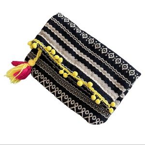 Just Fab Fold Over Bag Yellow Pom Pom Tassel Trim Colorful‎ Clutch Purse